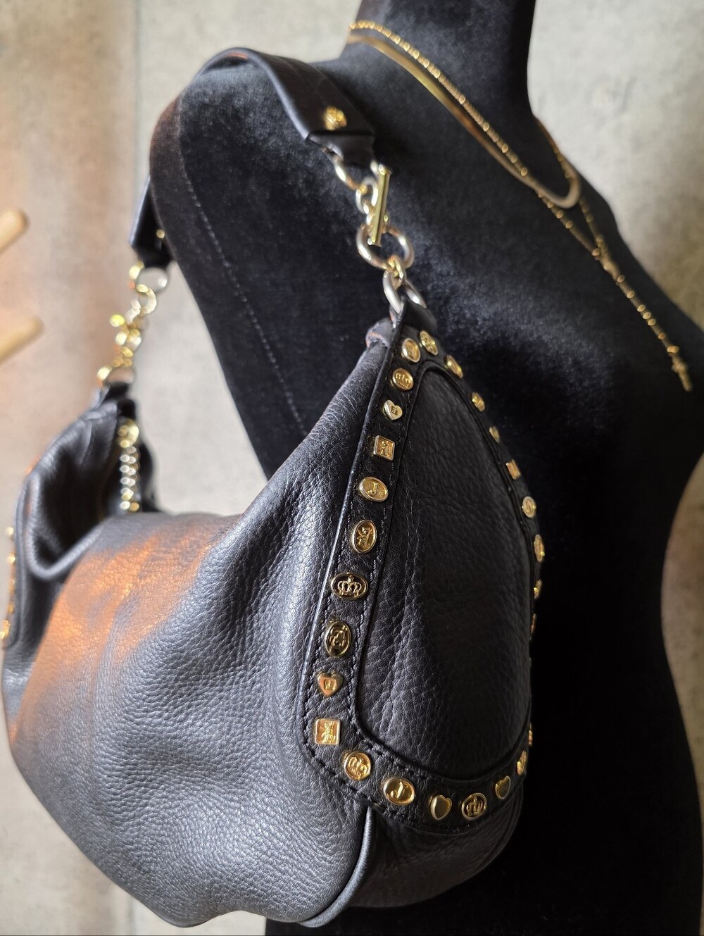 🔥 Authentic Vintage Y2K Juicy Couture Black Leather Studded Princess Hobo Bag